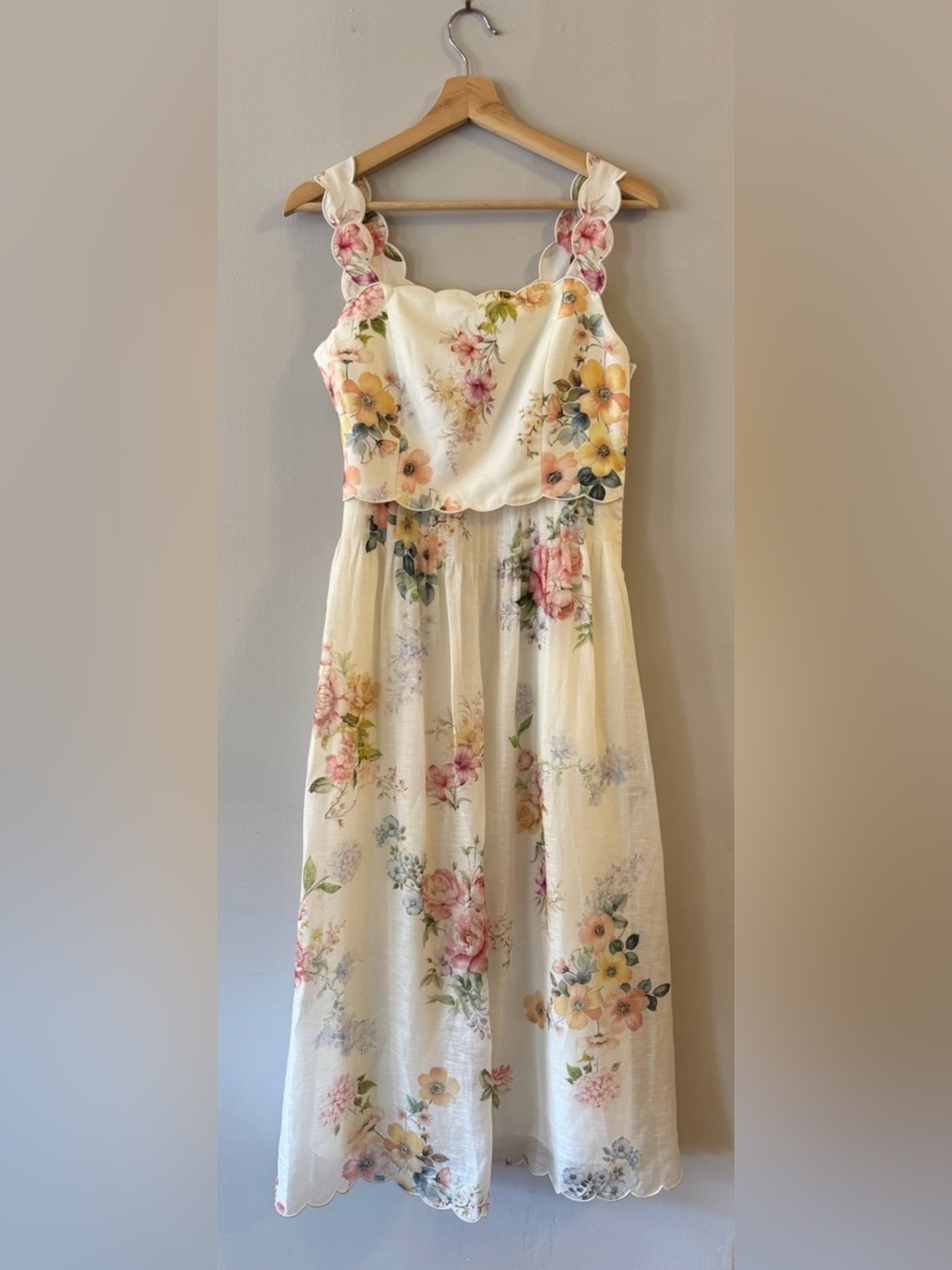 Xena Watercolor Flora Embroidery Strap Dress in Silk-Linen *NEEDS NEW ZIPPER* - Picture 3 of 10